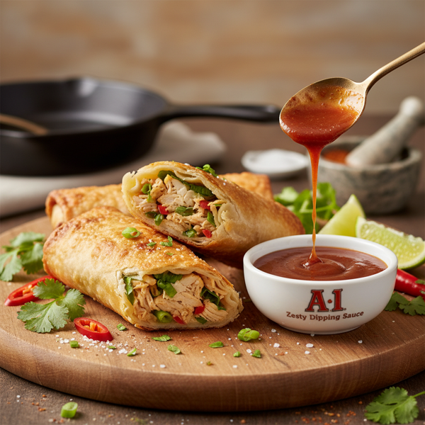 Crispy Baked Chicken & Cilantro Egg Rolls with Zesty A.1. Dipping Sauce recipe