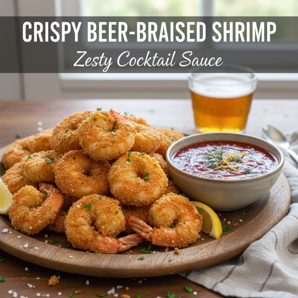 Crispy Beer-Braised Shrimp with Zesty Cocktail Sauce recipe