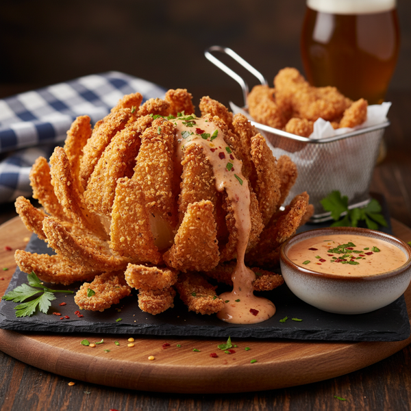Crispy Blooming Onion with Spicy Dipping Sauce recipe