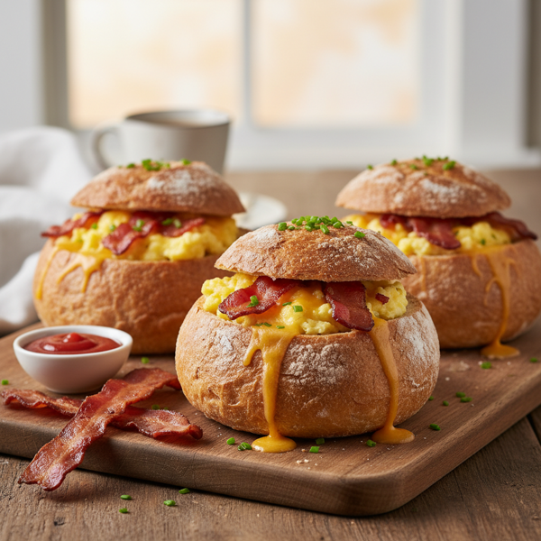 Crispy Breakfast Bread Bowls with Bacon and Cheese recipe
