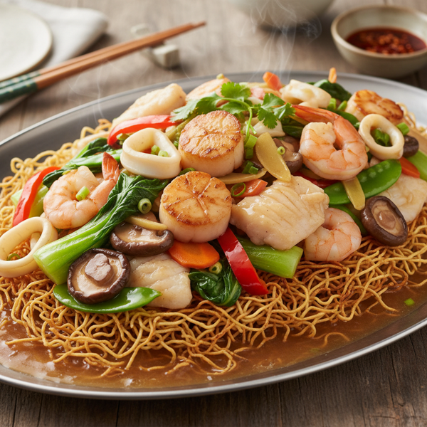 Crispy Cantonese Seafood and Vegetable Noodle Delight recipe
