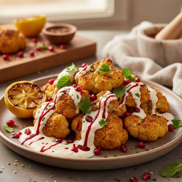 Crispy Cauliflower with Creamy Tahini and Zesty Pomegranate Drizzle recipe