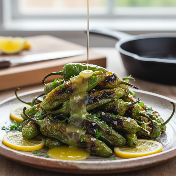 Crispy Charred Shishito Peppers with Lemon Drizzle recipe