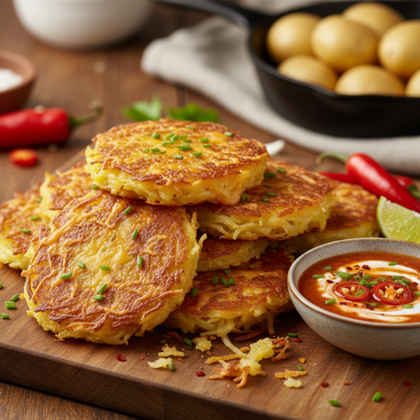 Crispy Cheesy Potato Pancakes with Spicy Dipping Sauce recipe