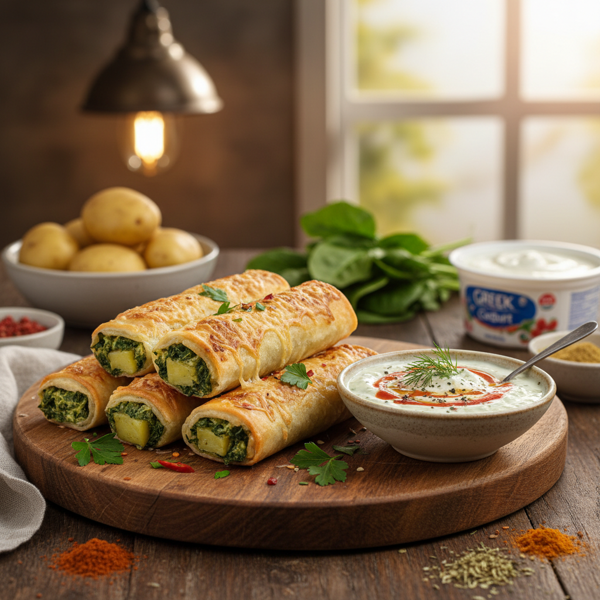 Crispy Cheesy Spinach & Potato Spring Rolls with Spicy Ranch Yogurt Dip recipe