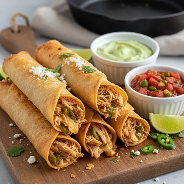 Crispy Chicken Flautas with Cheese and Green Chilies recipe