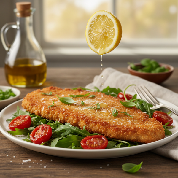 Crispy Chicken Milanese with Roasted Cherry Tomato-Arugula Toss recipe