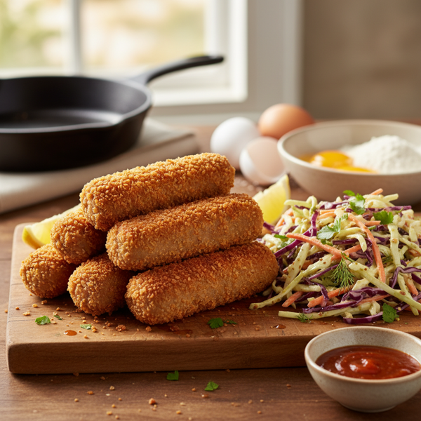 Crispy Crumbed Pork Sausages with Tangy Coleslaw recipe