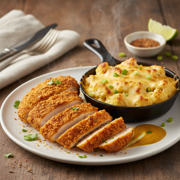 Crispy Curry Chicken with Cheesy Cauliflower Bake recipe