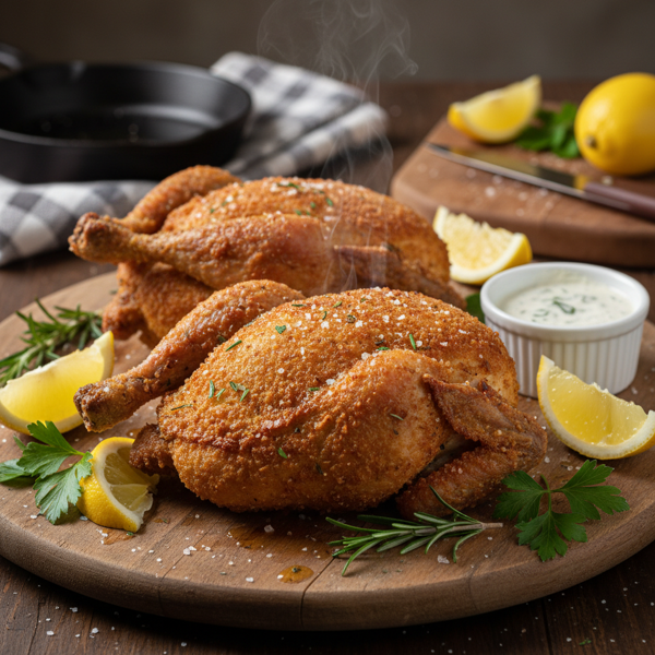 Crispy Deep-Fried Cornish Game Hens with Lemon Wedges recipe
