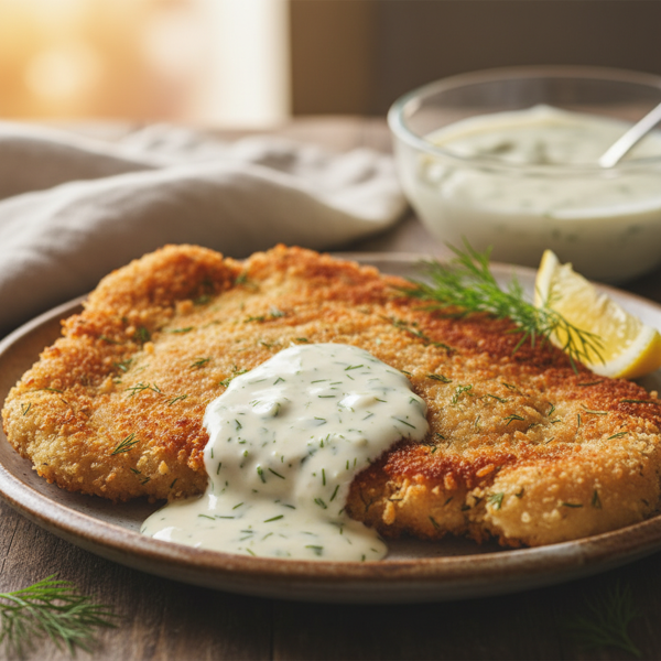 Crispy Dill-Infused Pork Schnitzel with Creamy Sauce recipe