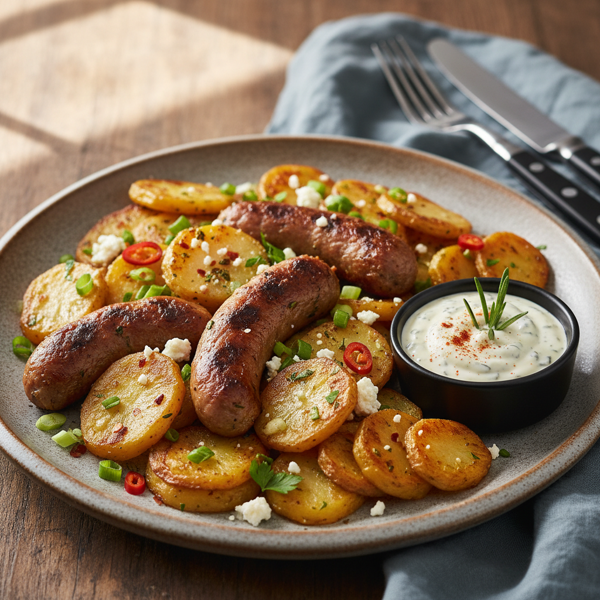 Crispy Feta Bratkartoffeln with Vegetarian Sausages recipe