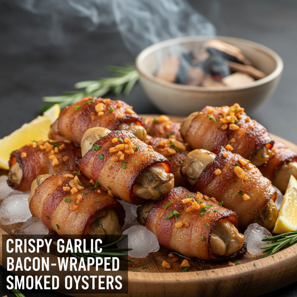 Crispy Garlic Bacon-Wrapped Smoked Oysters recipe