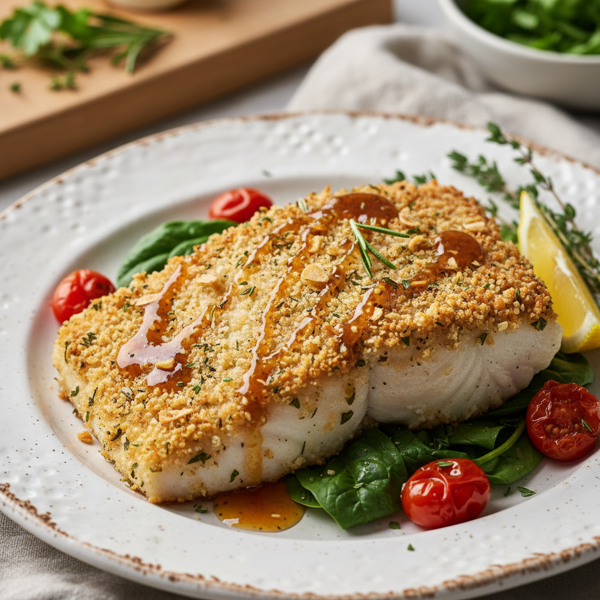 Crispy Garlic Herb-Breaded Halibut with Tangy Vinegar Drizzle recipe