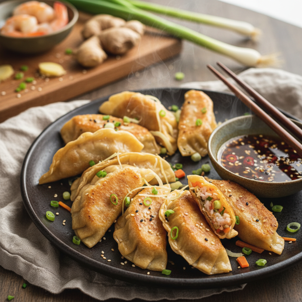 Crispy Ginger Shrimp & Veggie Potstickers recipe