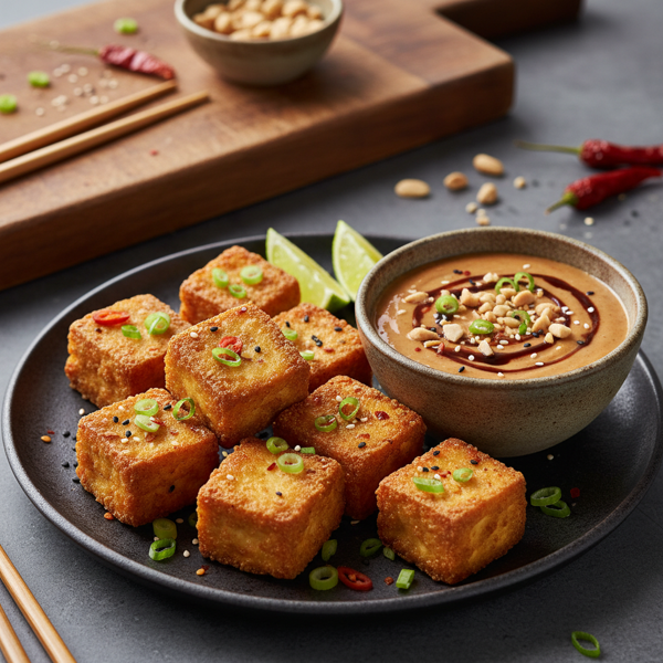 Crispy Golden Tofu Bites with Sweet and Spicy Peanut Dipping Sauce recipe