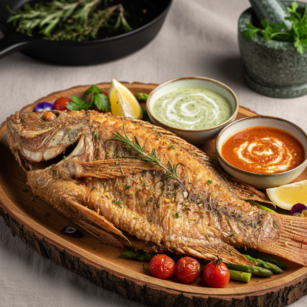 Crispy Herb-Infused Whole Red Tilapia with Velvety Sauces recipe