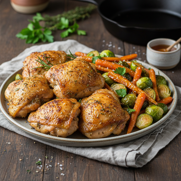 Crispy Herb-Roasted Chicken Thighs with Honey-Glazed Brussels Sprouts and Carrots recipe