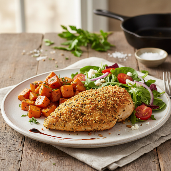 Crispy Herb Chicken with Roasted Sweet Potato and Mixed Greens Salad recipe