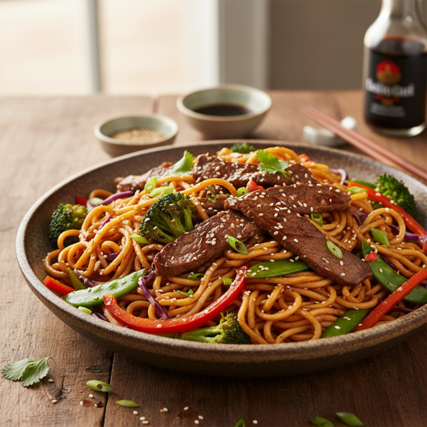 Crispy Hoisin Beef Stir-Fried Noodles with Seasonal Veggies recipe