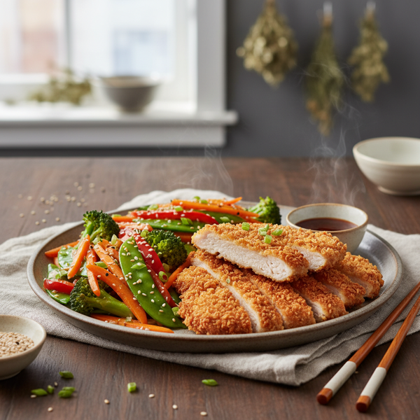 Crispy Japanese Panko Chicken with Sautéed Vegetables recipe