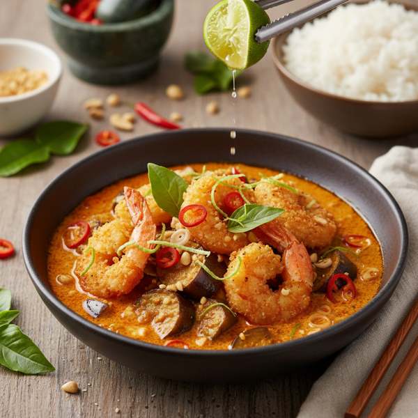 Crispy Kaffir Lime Shrimp and Eggplant with Zesty Panang Curry recipe
