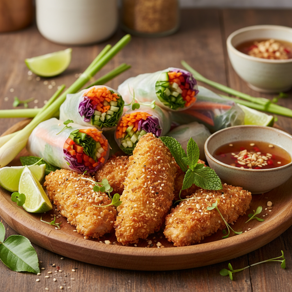Crispy Lemongrass Chicken & Colorful Veggie Spring Rolls with Tangy Dipping Sauce recipe