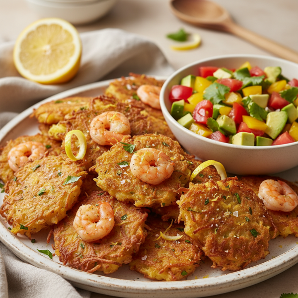 Crispy Lemony Shrimp & Potato Fritters with Vibrant Tricolor Salsa recipe
