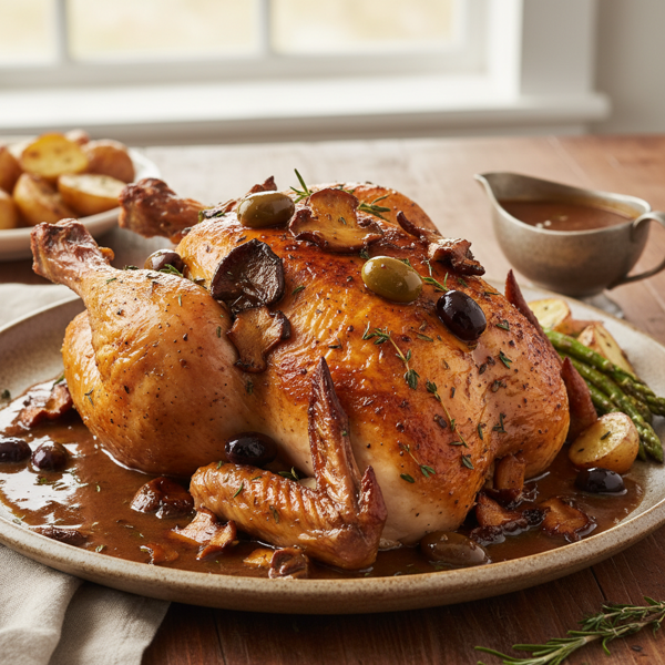 Crispy Mushroom & Olive-Infused Chicken with Savory Gravy recipe