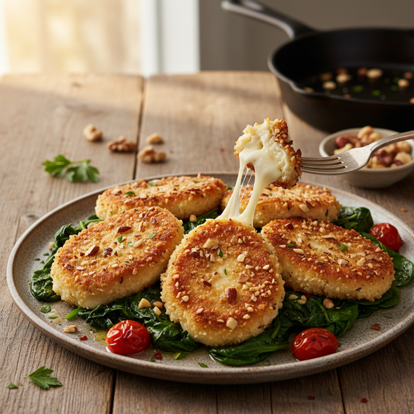 Crispy Nut-Crusted Mozzarella over Sautéed Spinach recipe