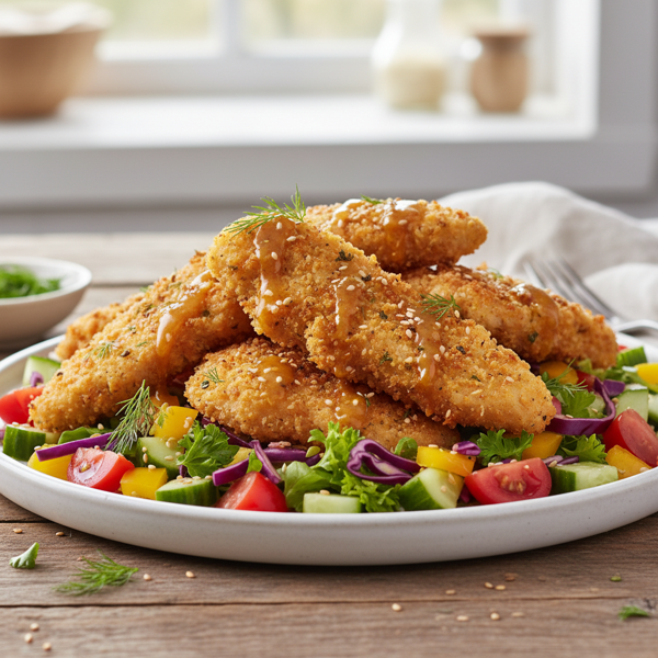 Crispy Oven-Baked Chicken Tenders atop Vibrant Chopped Salad with Zesty Vinaigrette recipe