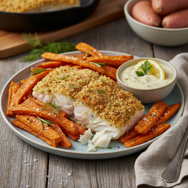 Crispy Oven-Baked Fish and Sweet Potato Chips recipe