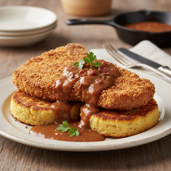 Crispy Panko-Breaded Pork Chops with Masa Cakes and Creamy Redeye Gravy recipe