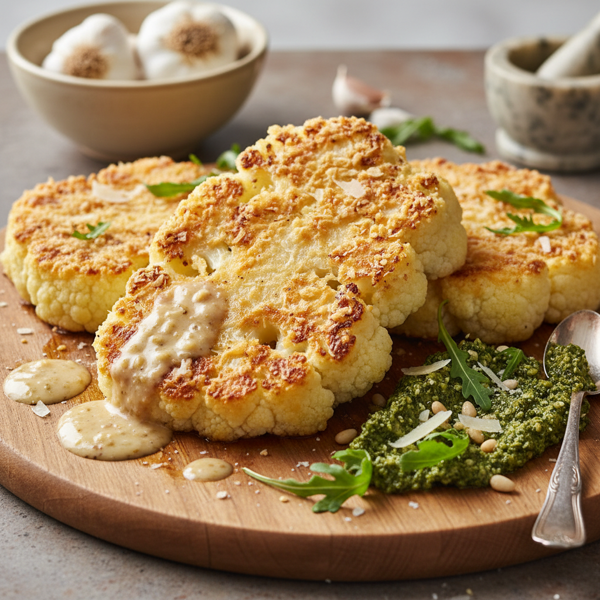 Crispy Parmesan-Infused Cauliflower Steaks with Roasted Garlic Sauce and Arugula Pesto recipe