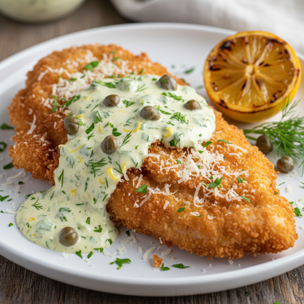 Crispy Parmesan Chicken with Zesty Caper Sauce recipe