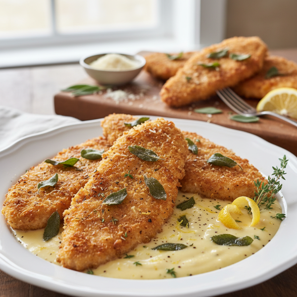 Crispy Parmesan Sage Chicken with Creamy Lemon Sauce recipe