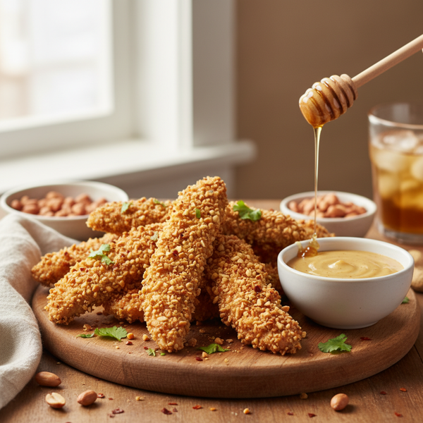 Crispy Peanut Butter Chicken Strips with Honey Mustard Dipping Sauce recipe