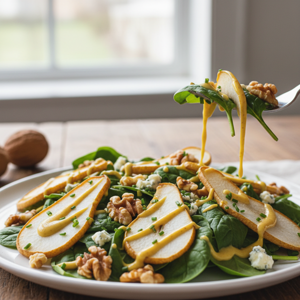 Crispy Pear, Spinach & Walnut Salad with Mustard Dressing recipe