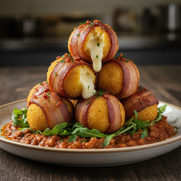 Crispy Polenta Goat Cheese Balls with Bacon and Arugula in Creamy Ragu recipe