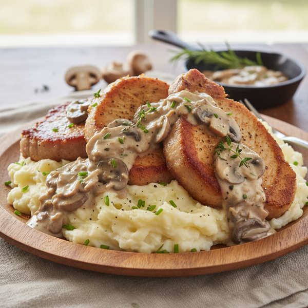 Crispy Pork Chops in Creamy Mushroom Sauce over Whipped Potatoes recipe