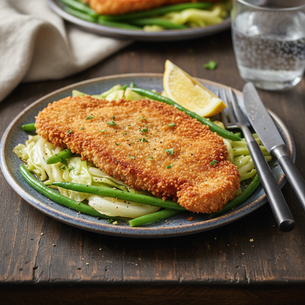 Crispy Pork Milanese with Sautéed Cabbage and Green Beans recipe