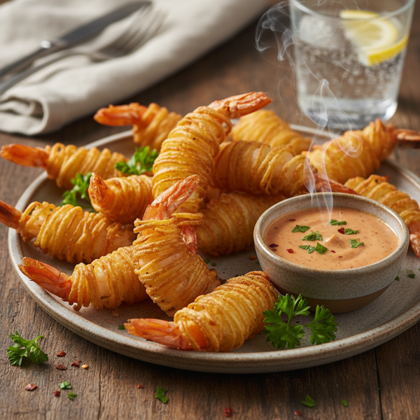 Crispy Potato-Wrapped Shrimp with Smoky Remoulade recipe