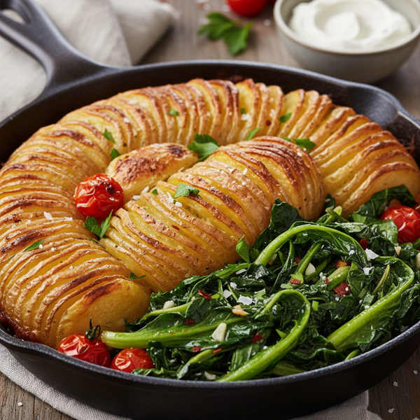 Crispy Potato Tian with Sautéed Mustard Greens recipe