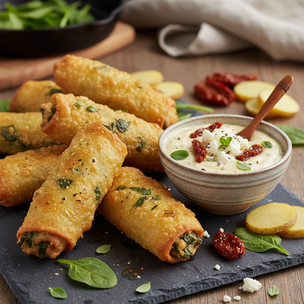 Crispy Potato and Spinach Egg Rolls with Savory Goat Cheese and Sun-Dried Tomato Dip recipe