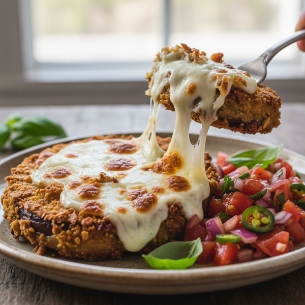 Crispy Pretzel-Crusted Eggplant with Savory Tomato Salsa and Gooey Cheese recipe