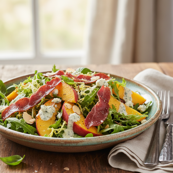 Crispy Prosciutto and Peach Salad with Blue Cheese Vinaigrette recipe