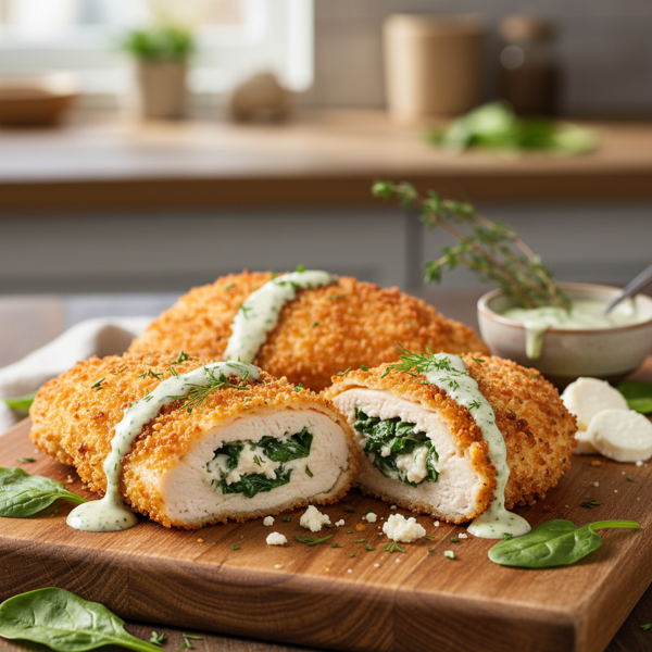 Crispy Ranch Stuffed Chicken Breasts with Spinach & Goat Cheese recipe