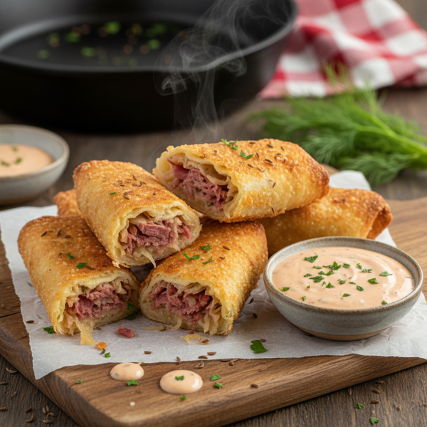 Crispy Reuben Egg Rolls with Thousand Island Dipping Sauce recipe