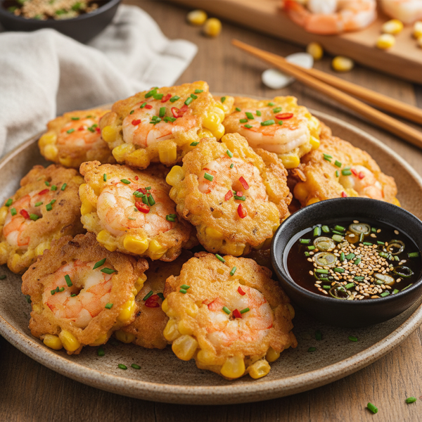 Crispy Shrimp and Sweet Corn Fritters with Soy Dipping Sauce recipe