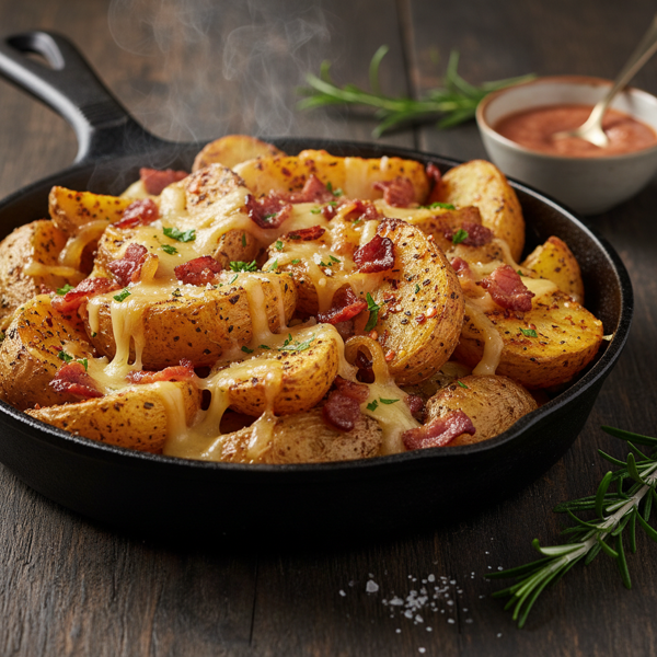 Crispy Spicy Smoky Potatoes with Gouda, Bacon & Caramelized Onions recipe